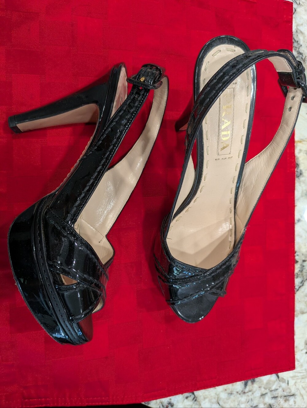 Prada Black patent leather whipstitch trim slingback platform sandals